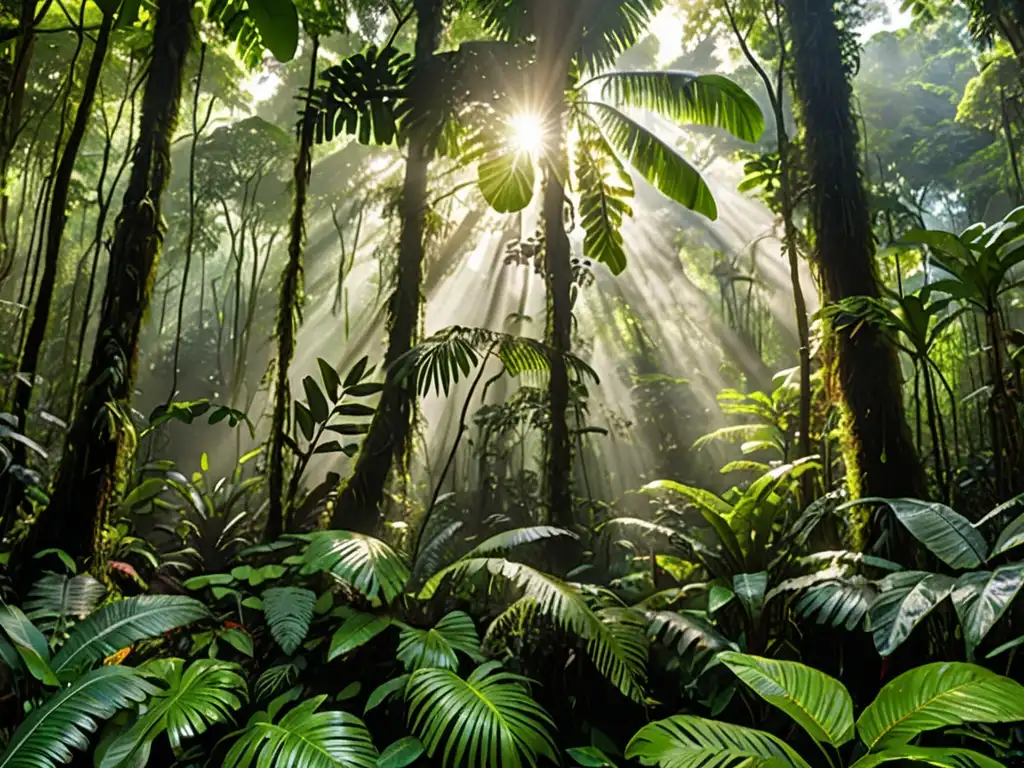 Un bosque lluvioso exuberante y vibrante, con vida abundante y una suave neblina, resaltando la importancia de la evaluación de impacto ambiental