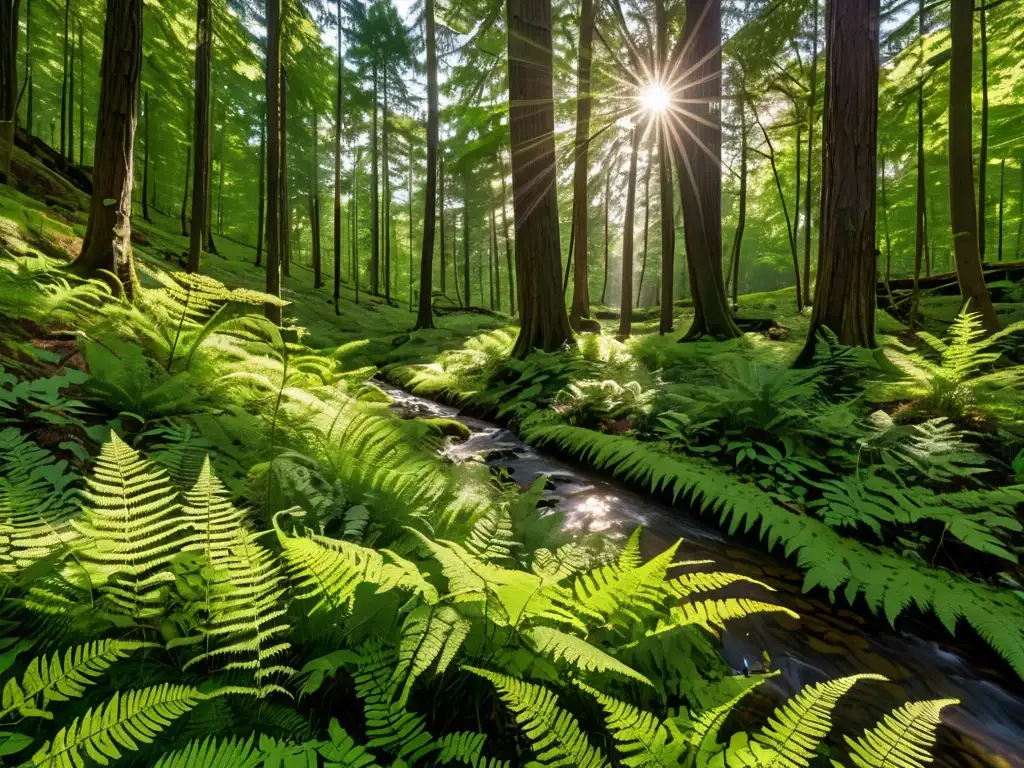 Un bosque majestuoso con árboles imponentes proyectando sombras sobre un manto exuberante de helechos y flores silvestres