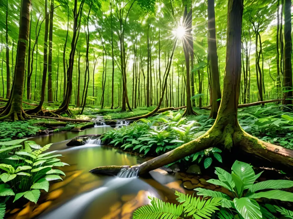 Un bosque prístino bañado por la luz del sol con un arroyo serpenteante y una diversa vida silvestre