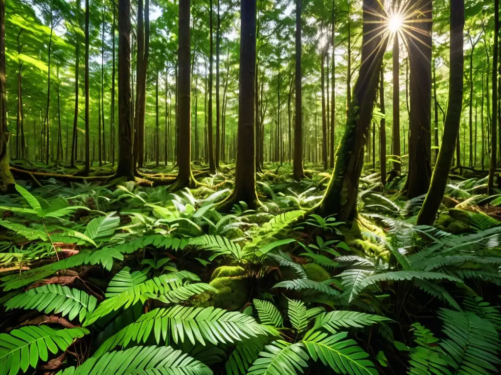 Un bosque prístino e intocado, con la luz del sol filtrándose a través de las frondosas hojas verdes, creando un juego hipnótico de luces y sombras en el suelo del bosque