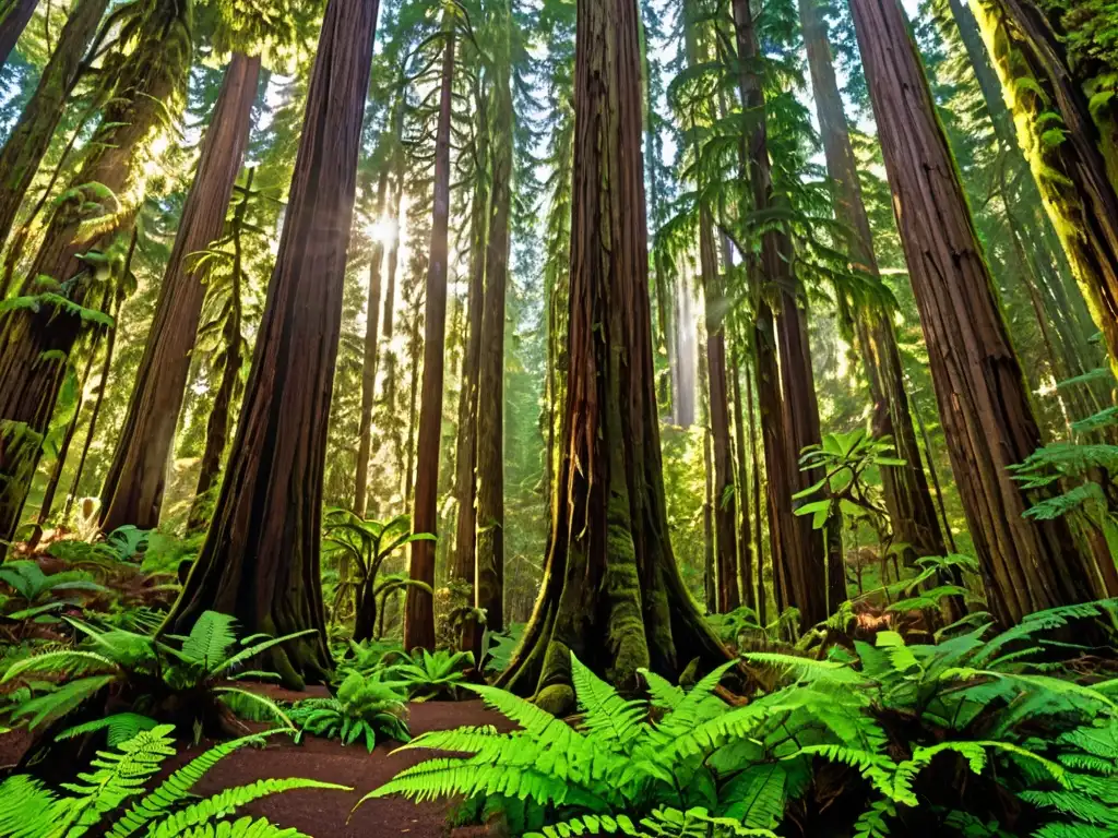 Un bosque de secuoyas antiguo e imponente, iluminado por el sol, con musgo y helechos verdes