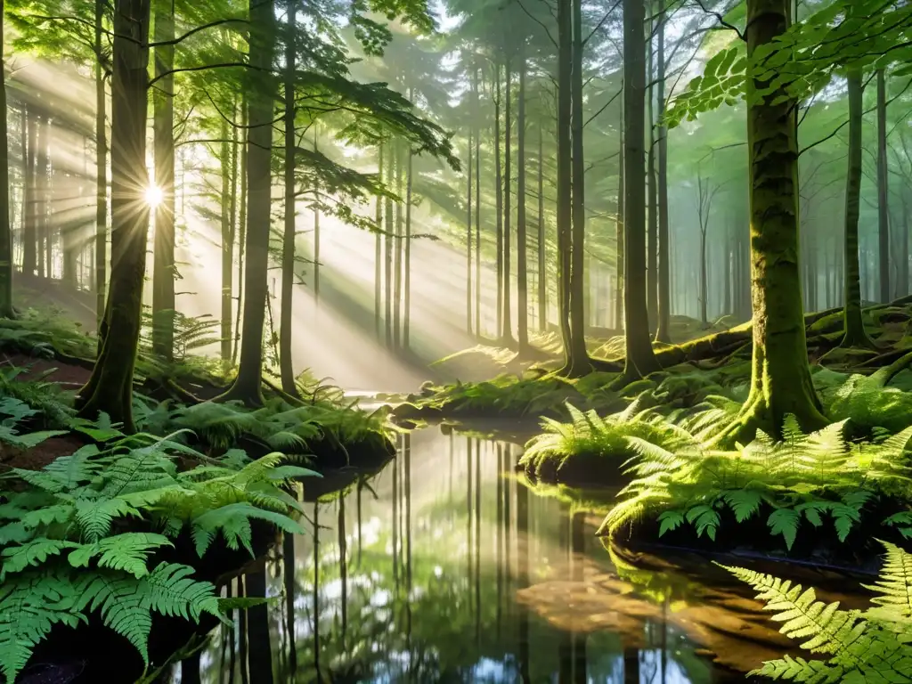 Un bosque sereno bañado por la luz del sol en la mañana