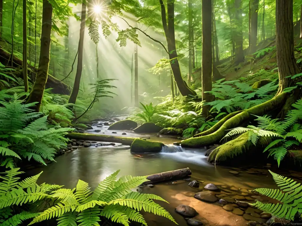 Un bosque sereno cubierto de niebla, con árboles imponentes y un arroyo serpenteando entre la maleza