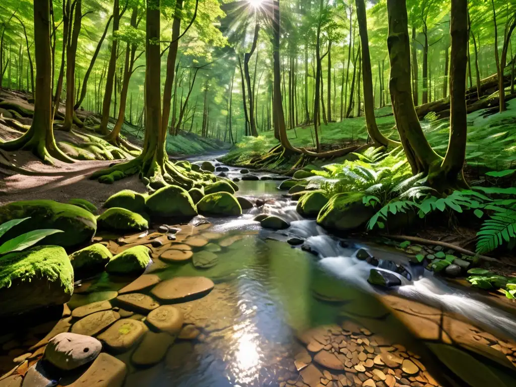 Bosque virgen: belleza natural y armonía en la naturaleza Un bosque sereno y vívido con diversa vegetación, árboles imponentes y un arroyo suave
