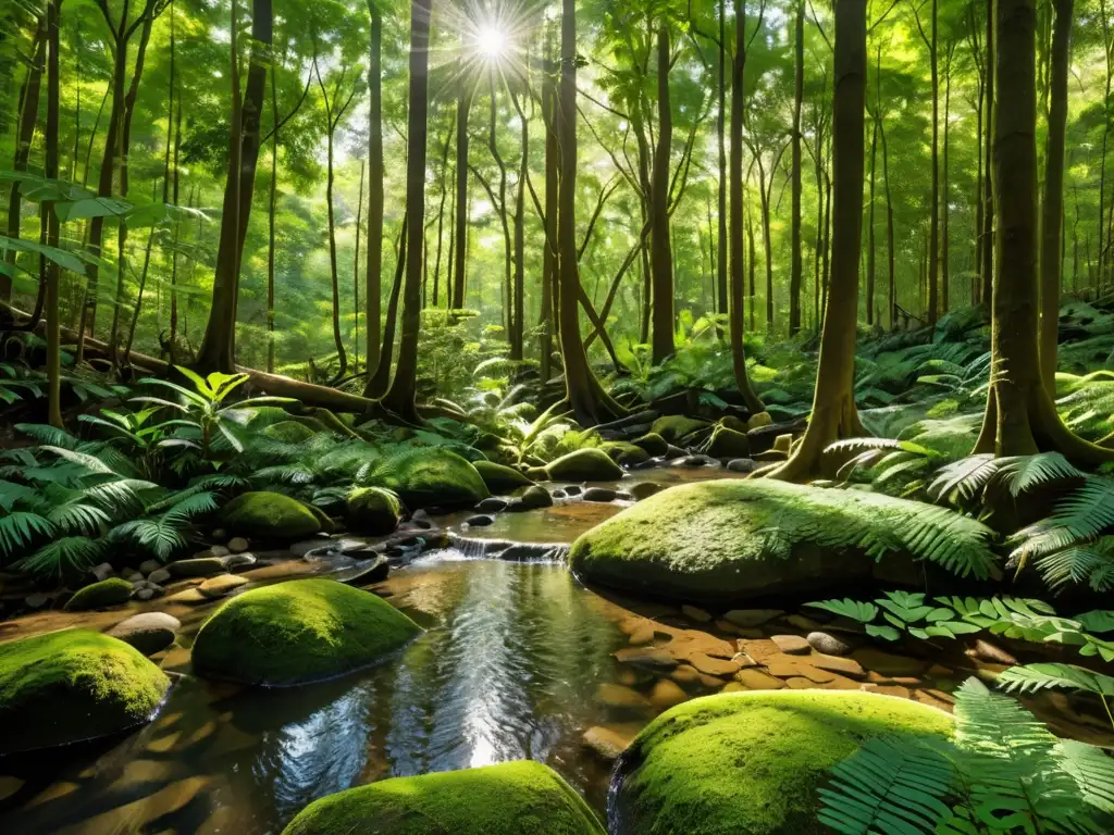 Un bosque sereno y exuberante con luz solar filtrándose a través del frondoso dosel, creando sombras moteadas en el suelo