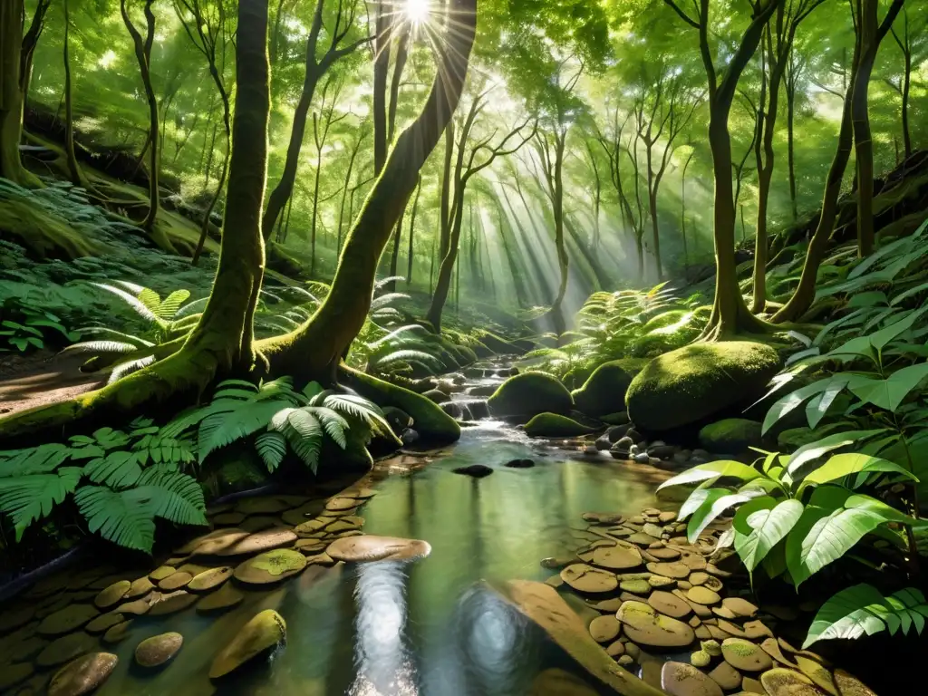 Bosque sereno: luz filtrada y arroyo reflejan la belleza natural Un bosque sereno y exuberante con luz solar filtrándose a través del dosel, creando sombras moteadas en el frondoso sotobosque