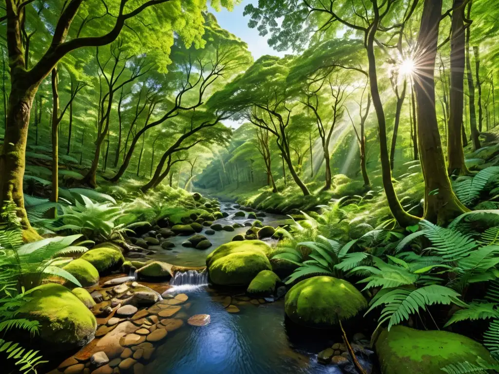 Un bosque sereno y exuberante, con luz solar filtrándose a través del frondoso dosel e iluminando un arroyo