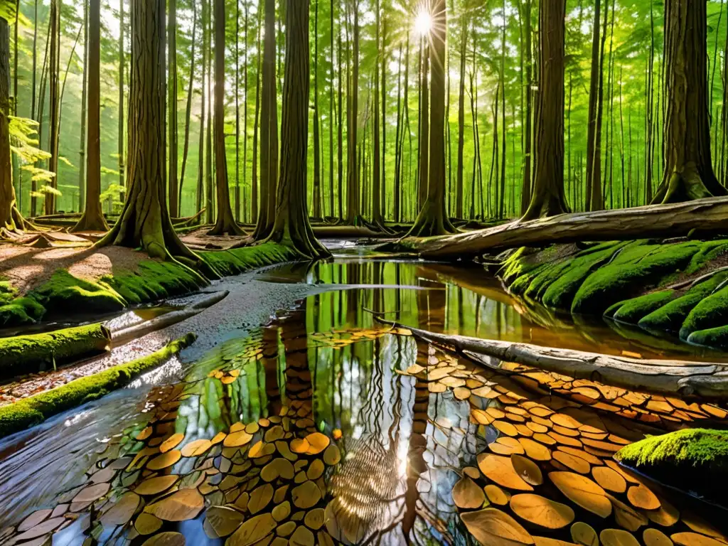 Un bosque sereno e intocado con árboles majestuosos, vegetación exuberante y un arroyo cristalino