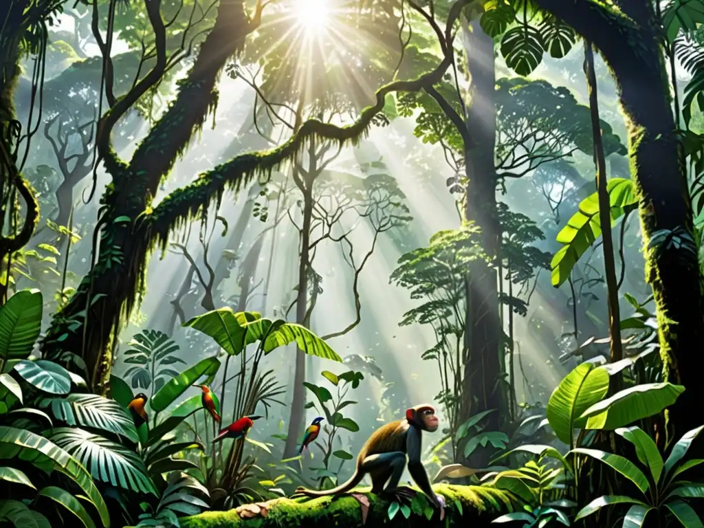 Un bosque tropical exuberante con árboles imponentes, follaje verde vibrante y animales exóticos