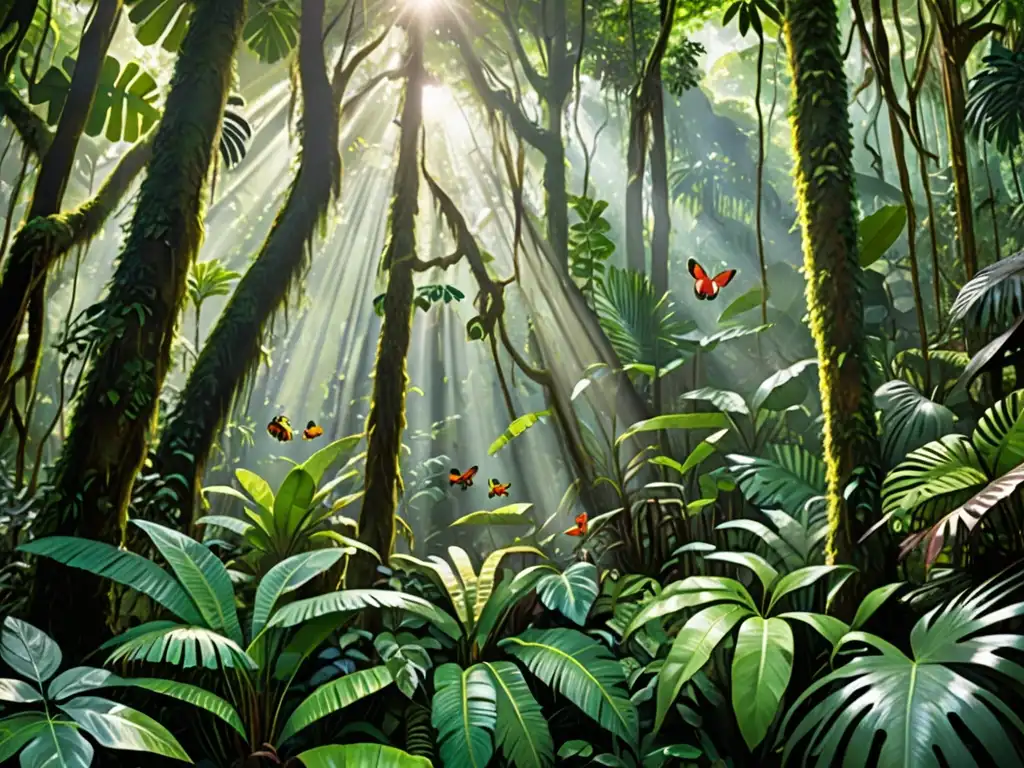 Un bosque tropical exuberante y diverso, con fauna y flora vibrante, resaltando el impacto de las leyes y el tráfico de especies en los ecosistemas