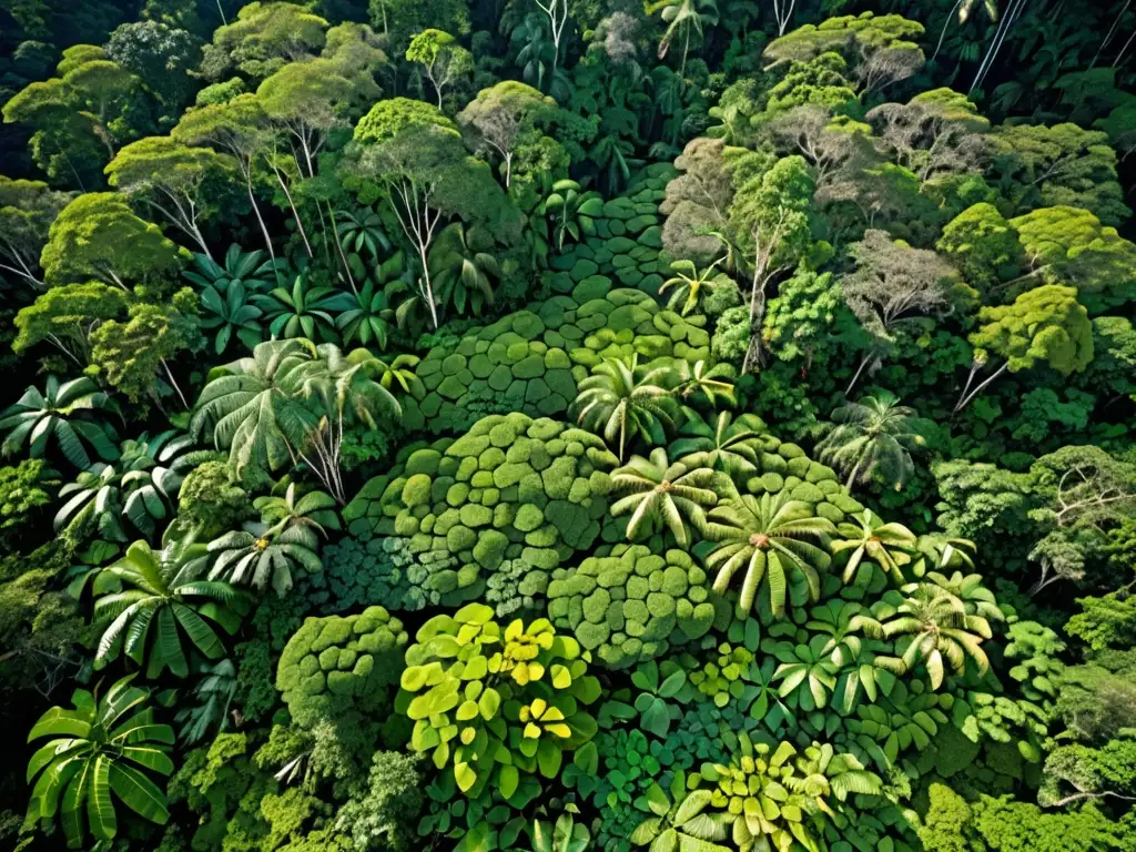 Un bosque tropical exuberante y diverso, con luz solar filtrándose entre el follaje, creando un tapiz de belleza natural