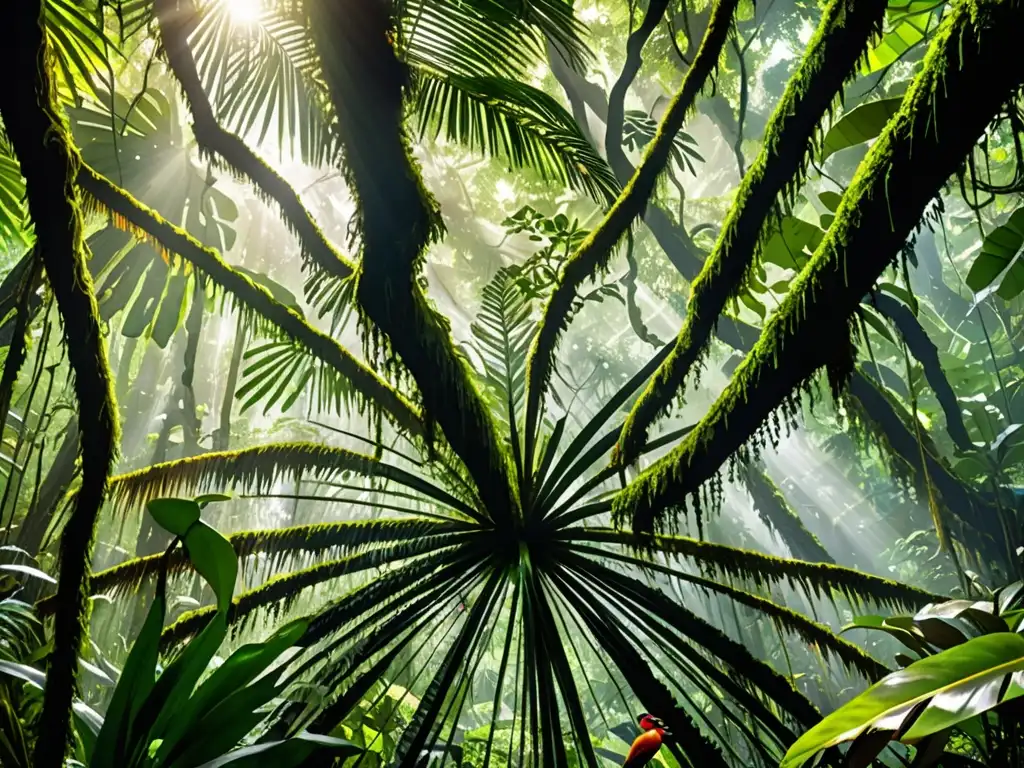 Un bosque tropical exuberante, con follaje verde, aves coloridas y diversa vida vegetal