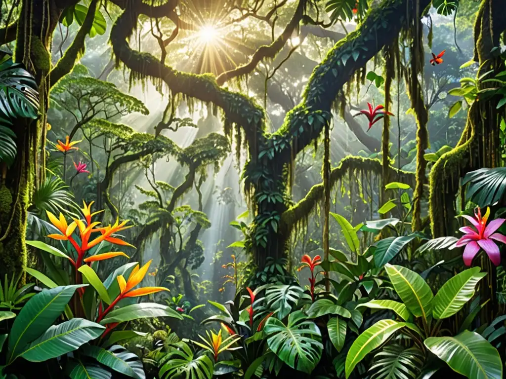 Un bosque tropical exuberante con luz solar filtrándose a través del dosel, resaltando la biodiversidad