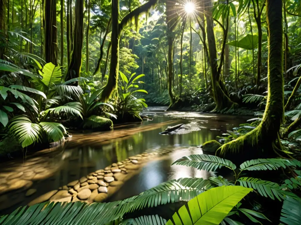 Un bosque tropical exuberante con un río serpenteante reflejando la vegetación