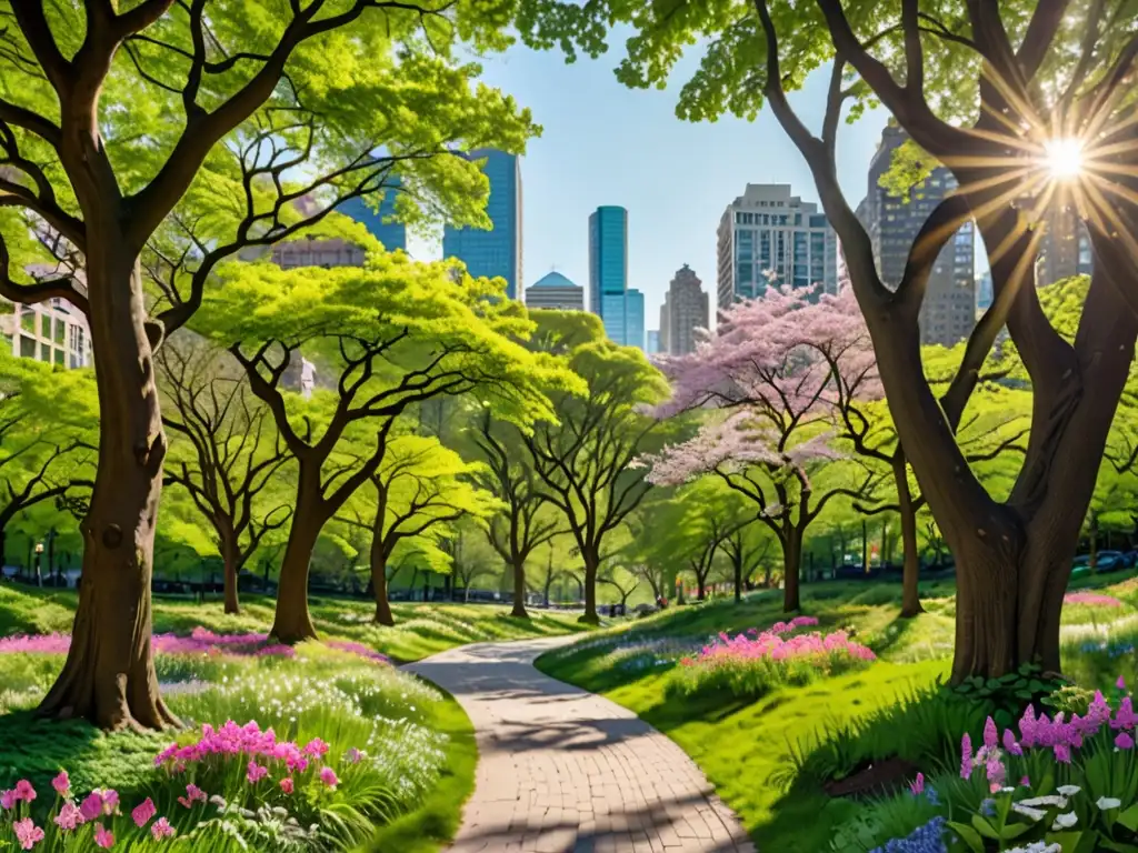 Un bosque urbano exuberante con árboles maduros, flores coloridas y vida silvestre, bajo la luz del sol