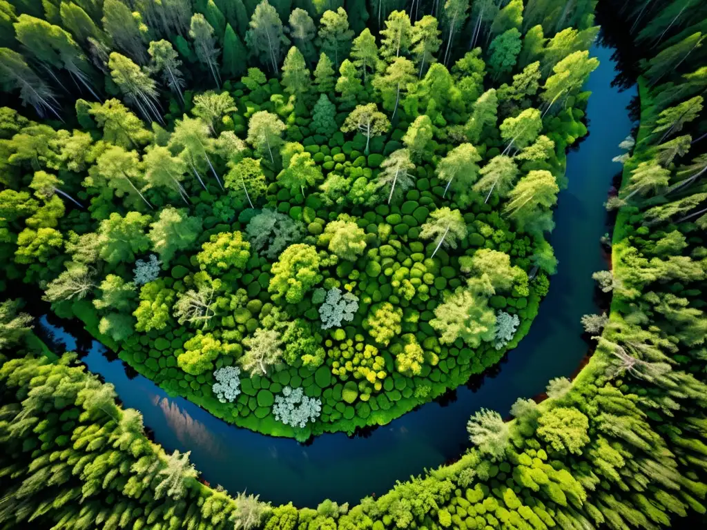 Un bosque verde vibrante con un río serpenteando entre los árboles, muestra la biodiversidad y belleza natural