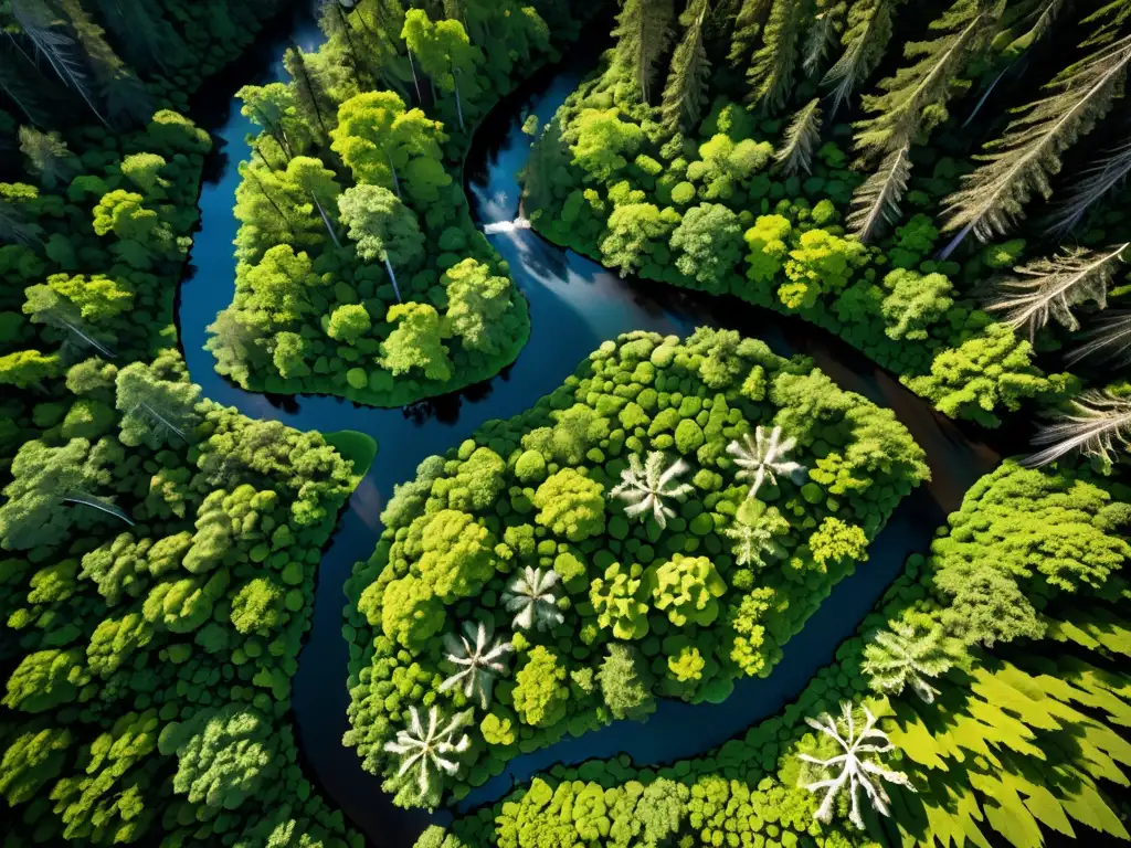 Un bosque vibrante con ríos serpenteantes y vida silvestre