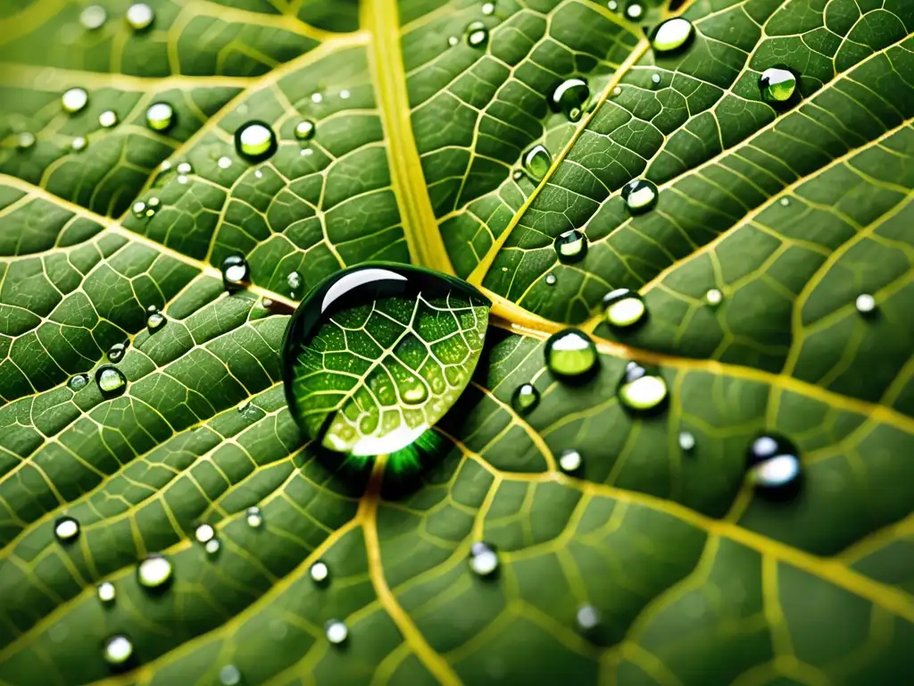 Brillante gota de agua con nanotecnología en hoja verde, resalta potencial de la nanotecnología en conservación ambiental