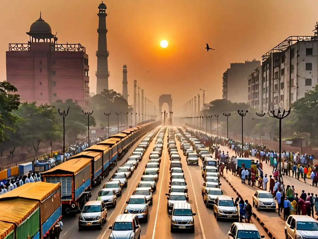 El bullicio de una calle en Nueva Delhi, India, con tráfico pesado, aceras abarrotadas y una mezcla de edificios modernos y tradicionales