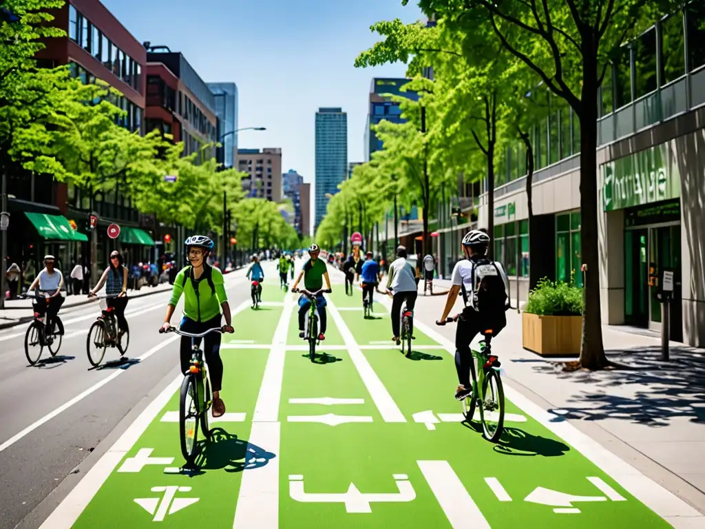 Una bulliciosa calle de la ciudad con un carril bici verde dedicado en el centro, arbolado y señalización ecológica