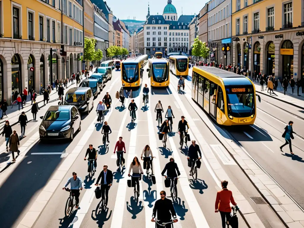 Una bulliciosa calle de la ciudad europea con movilidad urbana sostenible integrada en el histórico entorno urbano