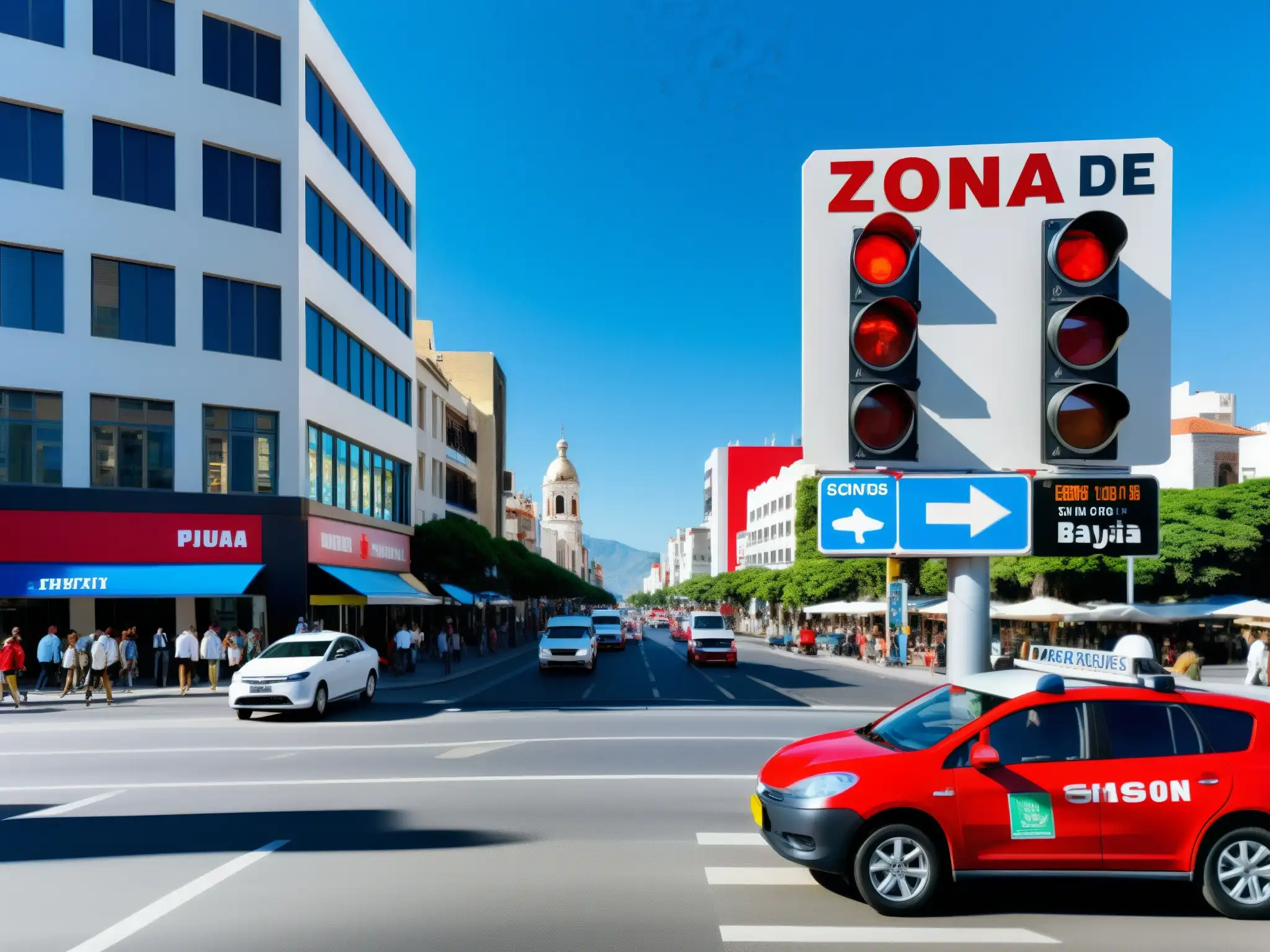 Una bulliciosa calle de la ciudad con un gran letrero rojo y blanco de 'Zona de Baja Emisión' rodeado de vehículos eléctricos y tradicionales