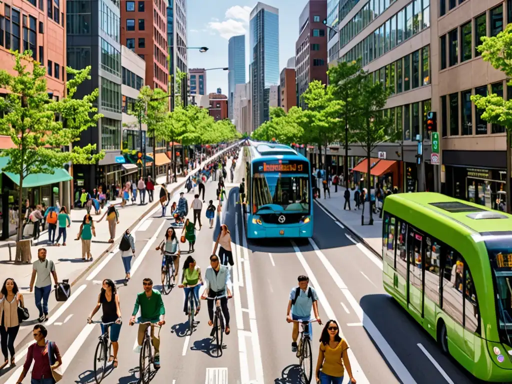 Una bulliciosa calle de la ciudad con infraestructura urbana ecoamigable y normativas ambientales