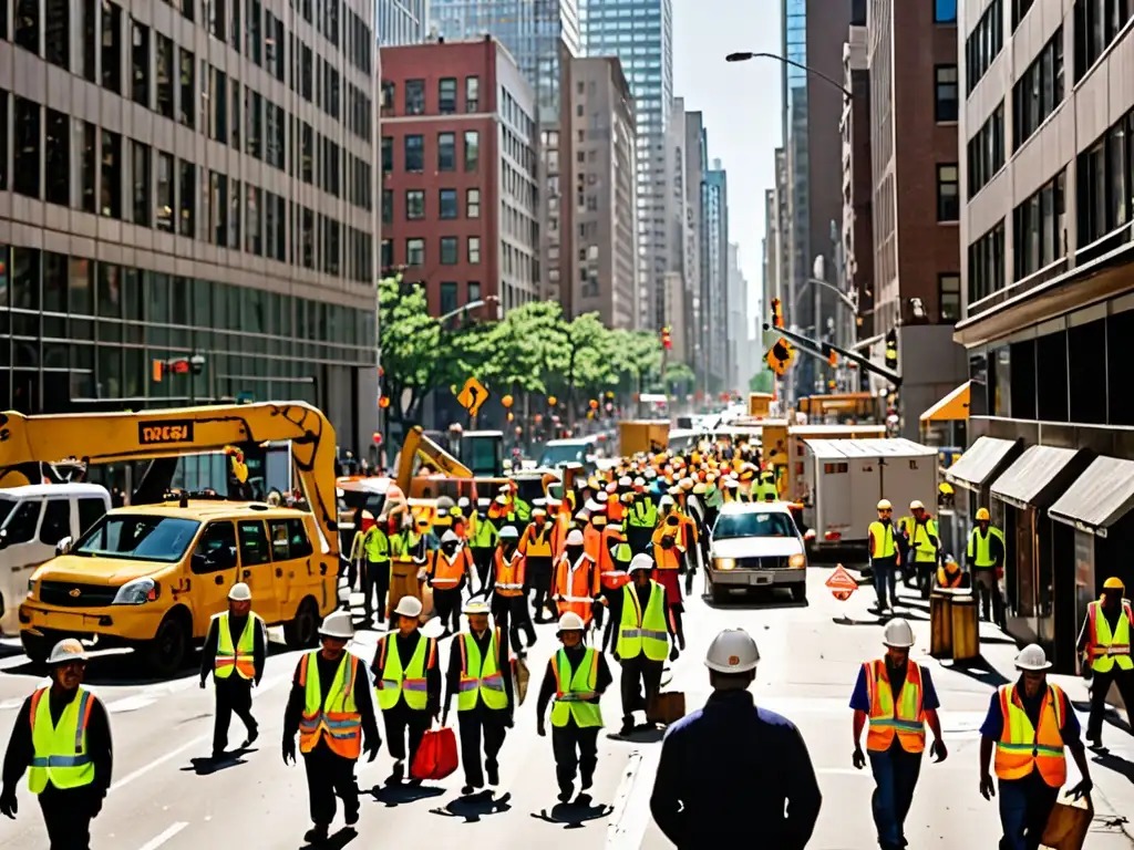 Una bulliciosa calle de la ciudad llena de tráfico, peatones y trabajadores de la construcción