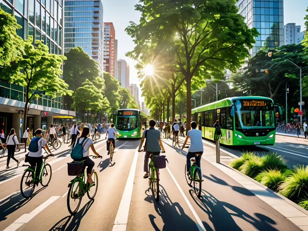 Una bulliciosa calle de la ciudad llena de peatones, ciclistas y autobuses eléctricos, rodeada de exuberante vegetación y arquitectura moderna