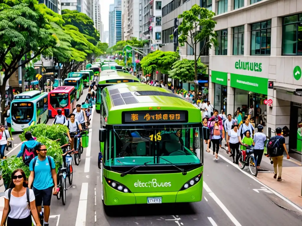 Una bulliciosa calle de la ciudad llena de autobuses y bicicletas eléctricas, rodeada de vegetación y peatones