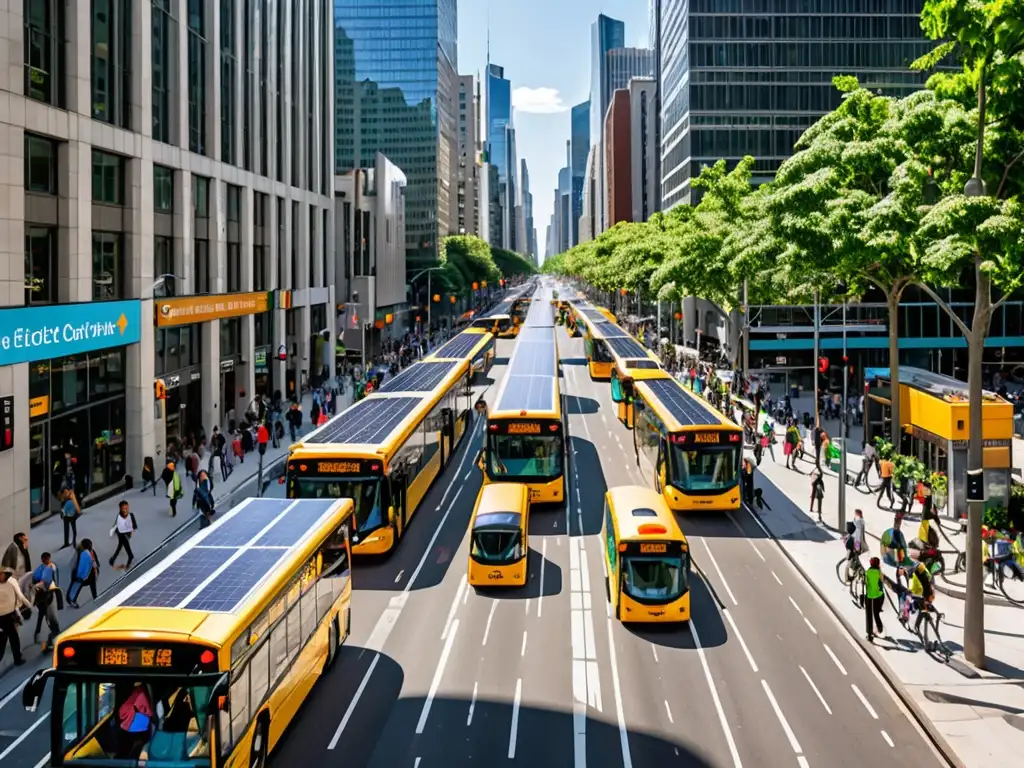 Una bulliciosa calle de la ciudad llena de peatones, rodeada de edificios modernos y rascacielos