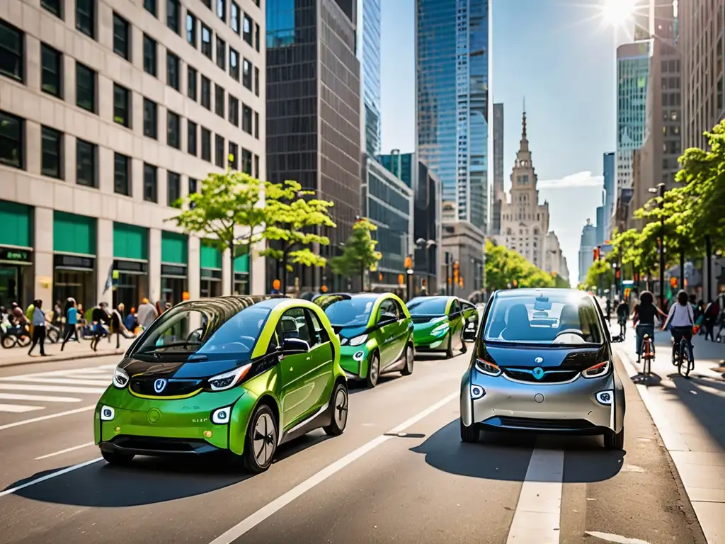 Una bulliciosa calle de la ciudad llena de vehículos eléctricos e híbridos, con diseños modernos que reflejan la movilidad sostenible