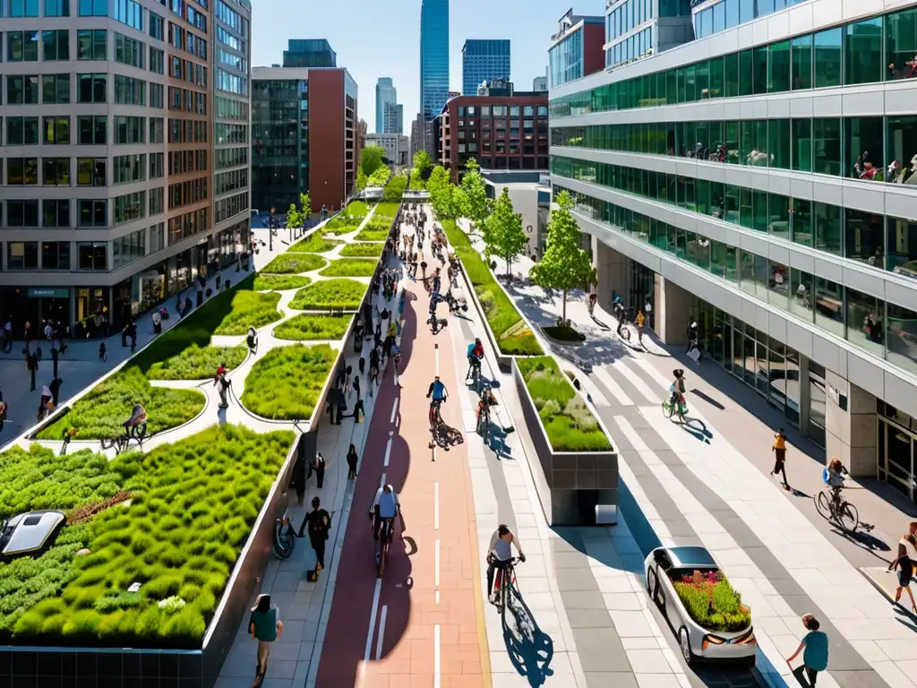 Una bulliciosa calle de la ciudad llena de peatones, ciclistas y vehículos eléctricos, rodeada de edificios modernos y sostenibles con techos verdes