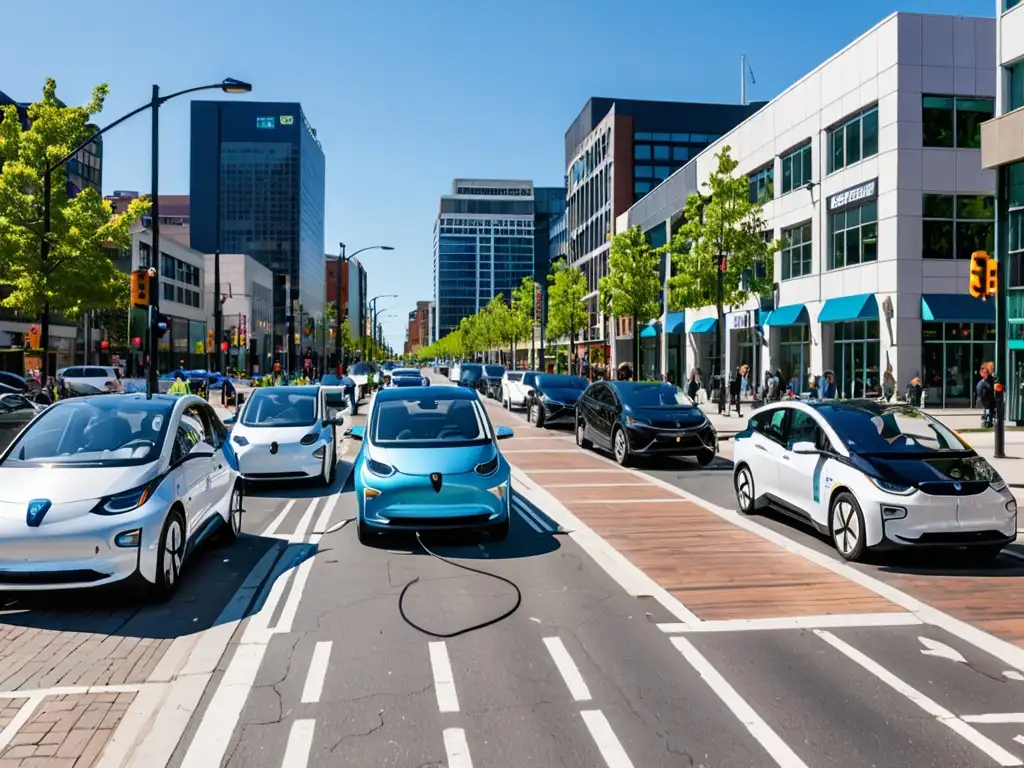 Una bulliciosa calle de la ciudad llena de vehículos eléctricos, estaciones de carga y energía renovable