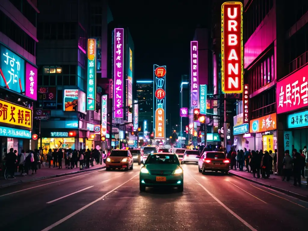 Una bulliciosa calle de la ciudad de noche, con luces de coches borrosas