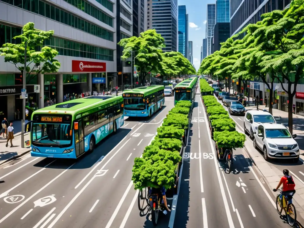 Una bulliciosa calle urbana llena de autobuses y bicicletas eléctricas, rodeada de árboles verdes y un cielo azul