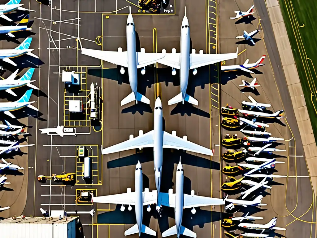 Un bullicioso aeropuerto con aviones, tripulación y equipo de mantenimiento en la pista