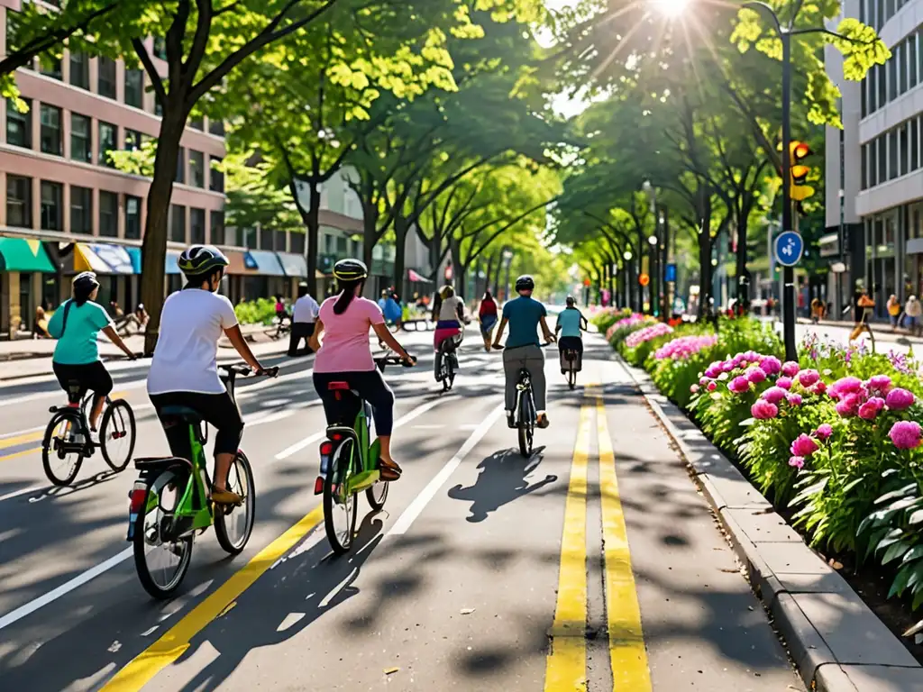 Un bullicioso carril bici verde atraviesa la calle de la ciudad, rodeado de árboles y flores