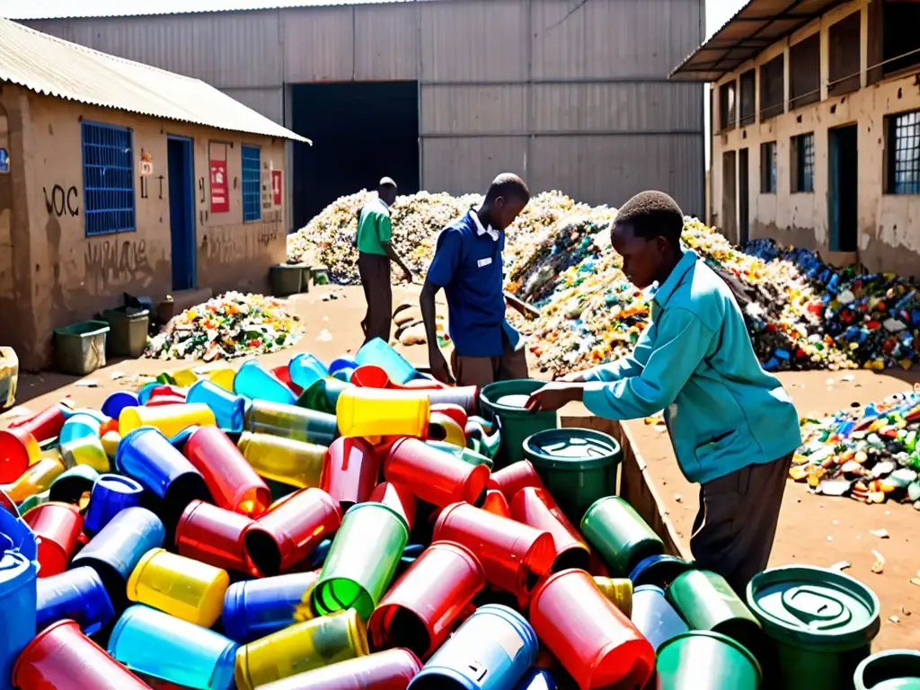 Un bullicioso centro de reciclaje en una ciudad africana, con trabajadores clasificando plástico, cartón y latas bajo la brillante luz solar