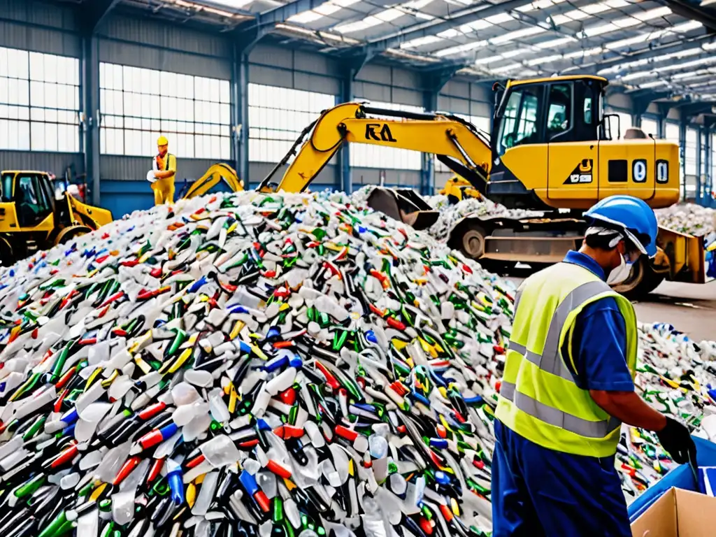 Un bullicioso centro de reciclaje industrial, con trabajadores clasificando materiales reciclables como vidrio, plástico y papel