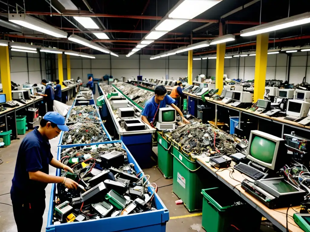 Un bullicioso centro de reciclaje de residuos electrónicos, con trabajadores clasificando minuciosamente aparatos bajo luces fluorescentes