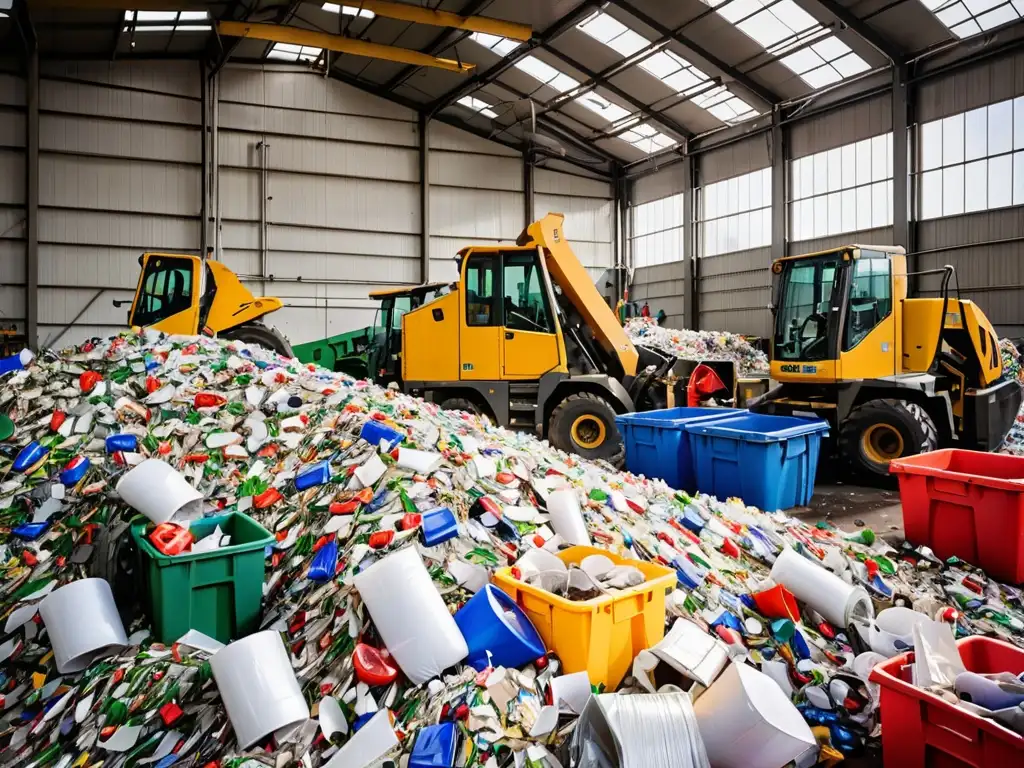 Un bullicioso centro de reciclaje donde los trabajadores clasifican plástico, vidrio y papel