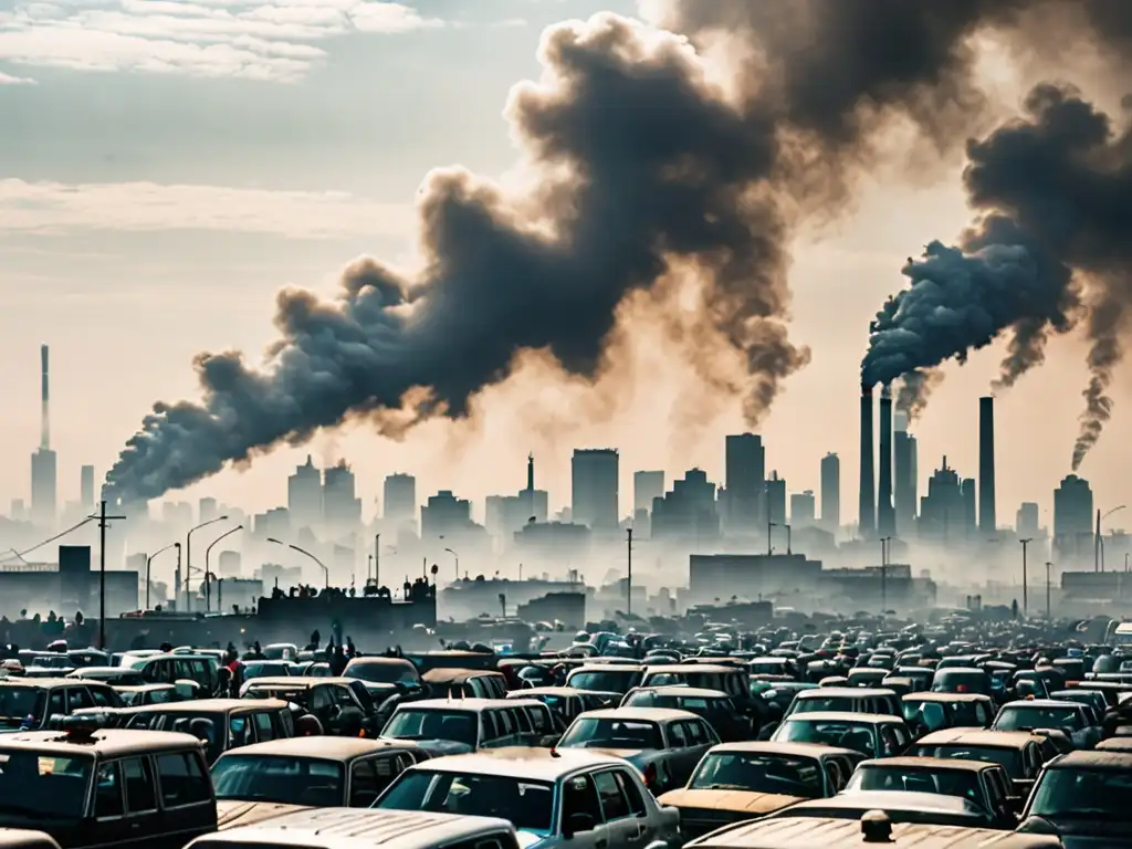 El bullicioso horizonte de una ciudad con rascacielos altos, calles llenas de gente y coches, y una planta industrial emitiendo humo