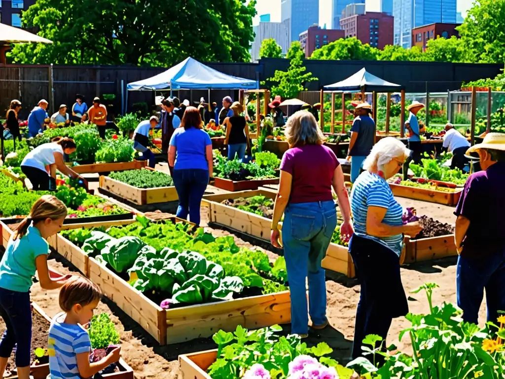 Un bullicioso huerto comunitario urbano lleno de vida y diversidad