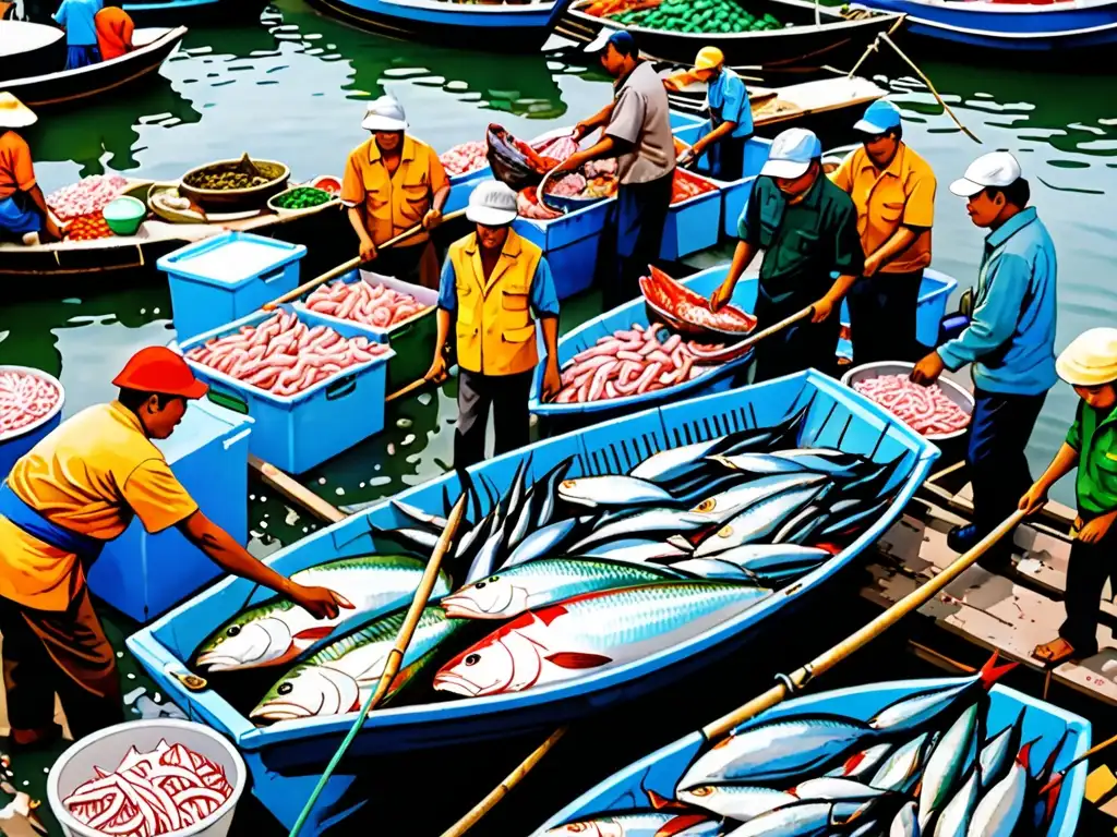 Un bullicioso mercado asiático de pescado, donde un barco pesquero descarga mariscos