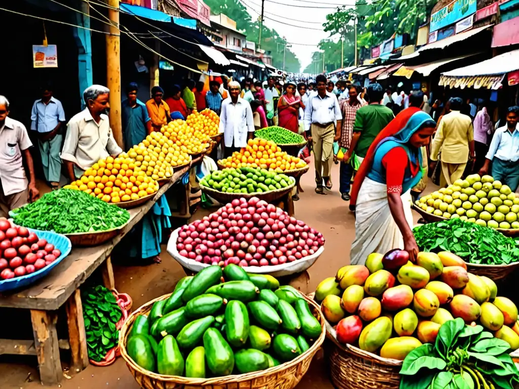 Un bullicioso mercado callejero en la India, rebosante de frutas y verduras frescas de colores vibrantes