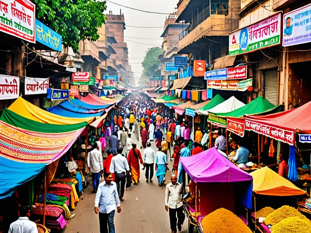 Un bullicioso mercado callejero en Nueva Delhi, India, rebosante de coloridos puestos de textiles y artesanías tradicionales