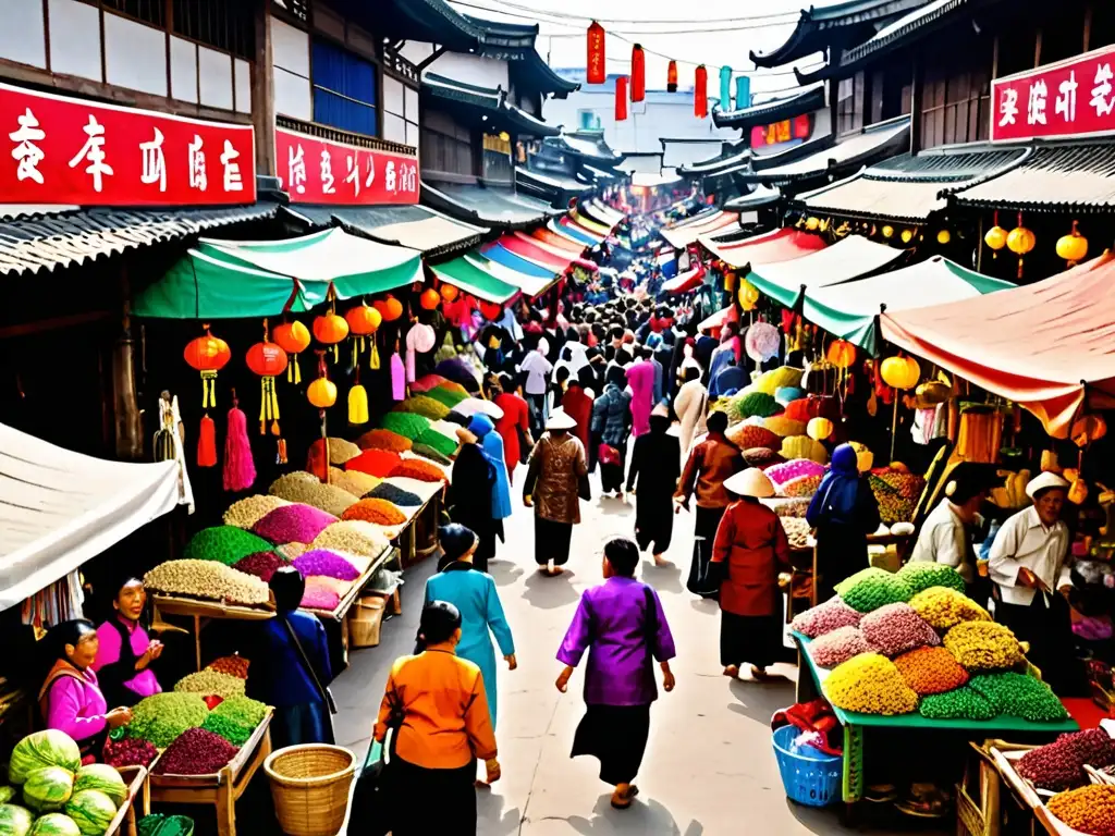 Un bullicioso mercado en una ciudad asiática con una diversidad de vendedores y productos locales