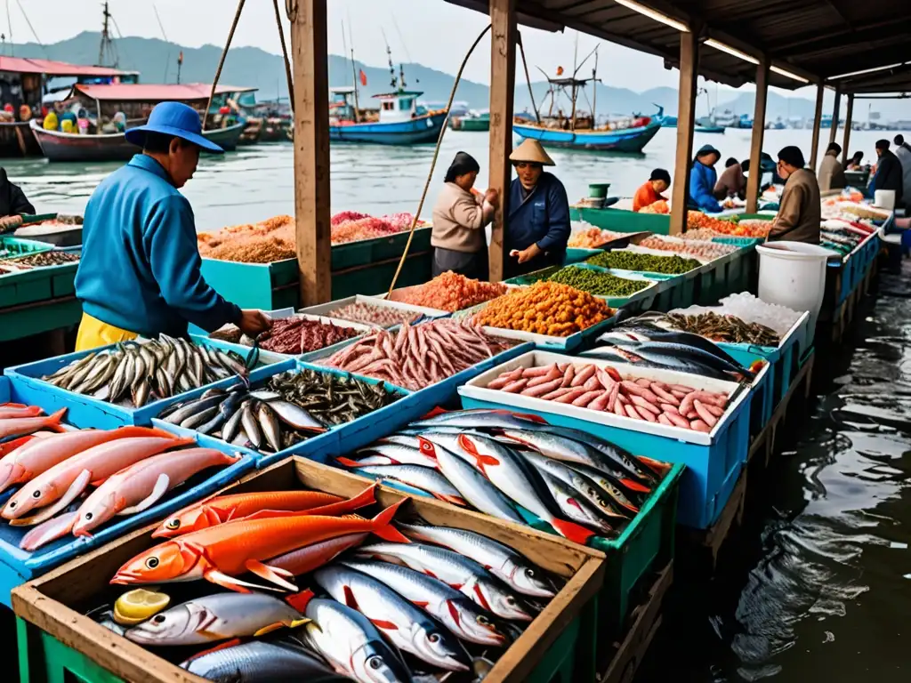 Un bullicioso mercado de pescado en Asia con una gran variedad de mariscos frescos expuestos en hielo