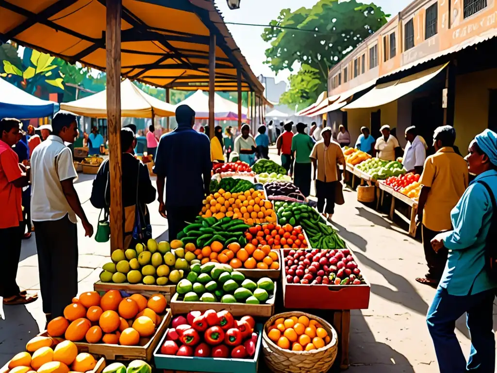 En un bullicioso mercado, vendedores ofrecen frutas, verduras y artesanías coloridas